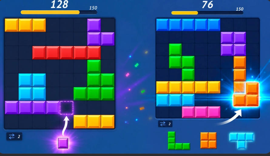 Blocky Blast Puzzle 블록 퍼즐 게임 보드와 여러 모양의 블록