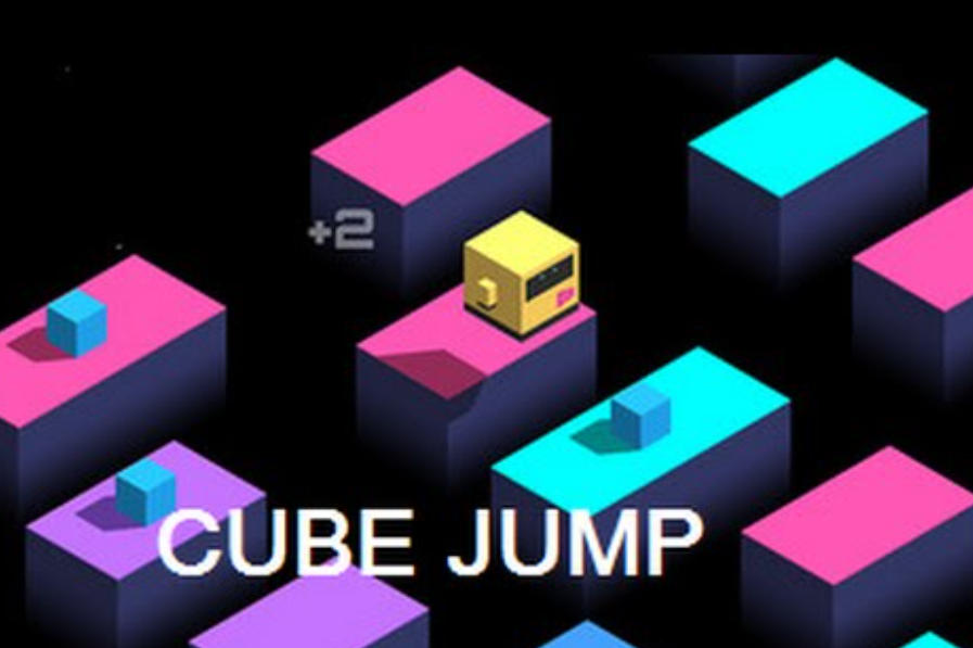 Cube Jump 큐브 캐릭터와 여러 색상의 공중 플랫폼