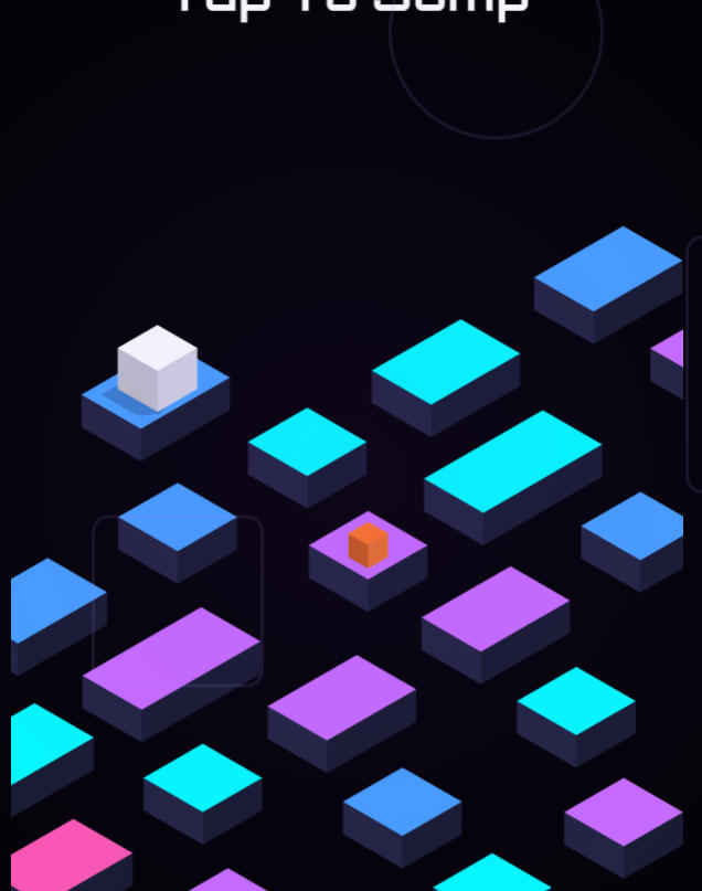 Cube Jump의 파란색과 보라색 플랫폼 사이를 이동하는 흰색 큐브