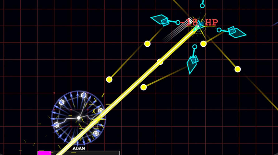 네온 세계에서 적의 파도를 상대하며 자동 사격하는 Geometry Crash 화면