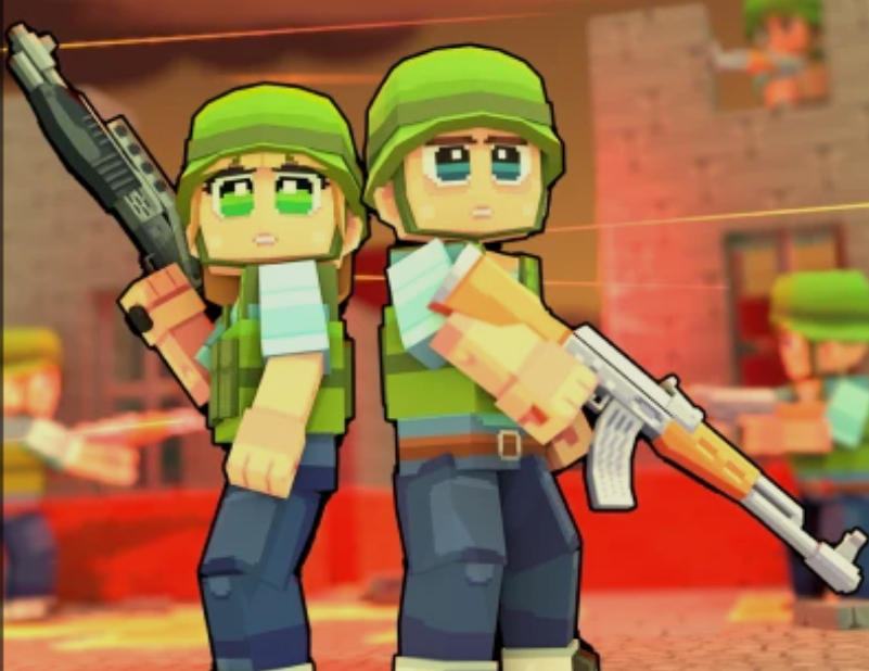 MineFun.io 블록형 병사들이 무기를 들고 팀 전투를 준비하는 장면