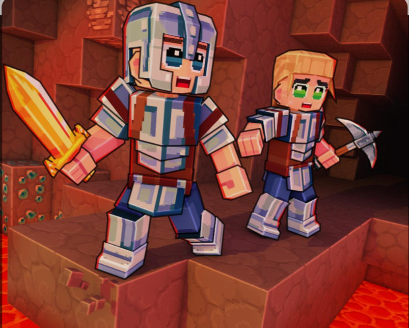 MineFun.io 갑옷을 입은 두 캐릭터가 용암 광산을 탐험하는 장면