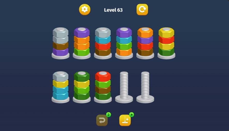 Nut Sort: Color Puzzle Game에서 빈 볼트를 활용해 너트를 정리하는 화면