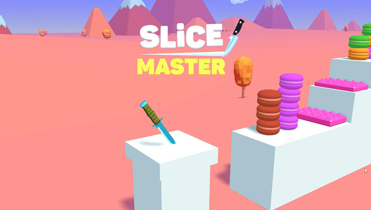 Slice Master 칼과 음식 옆에 배치된 분홍색 가시 장애물