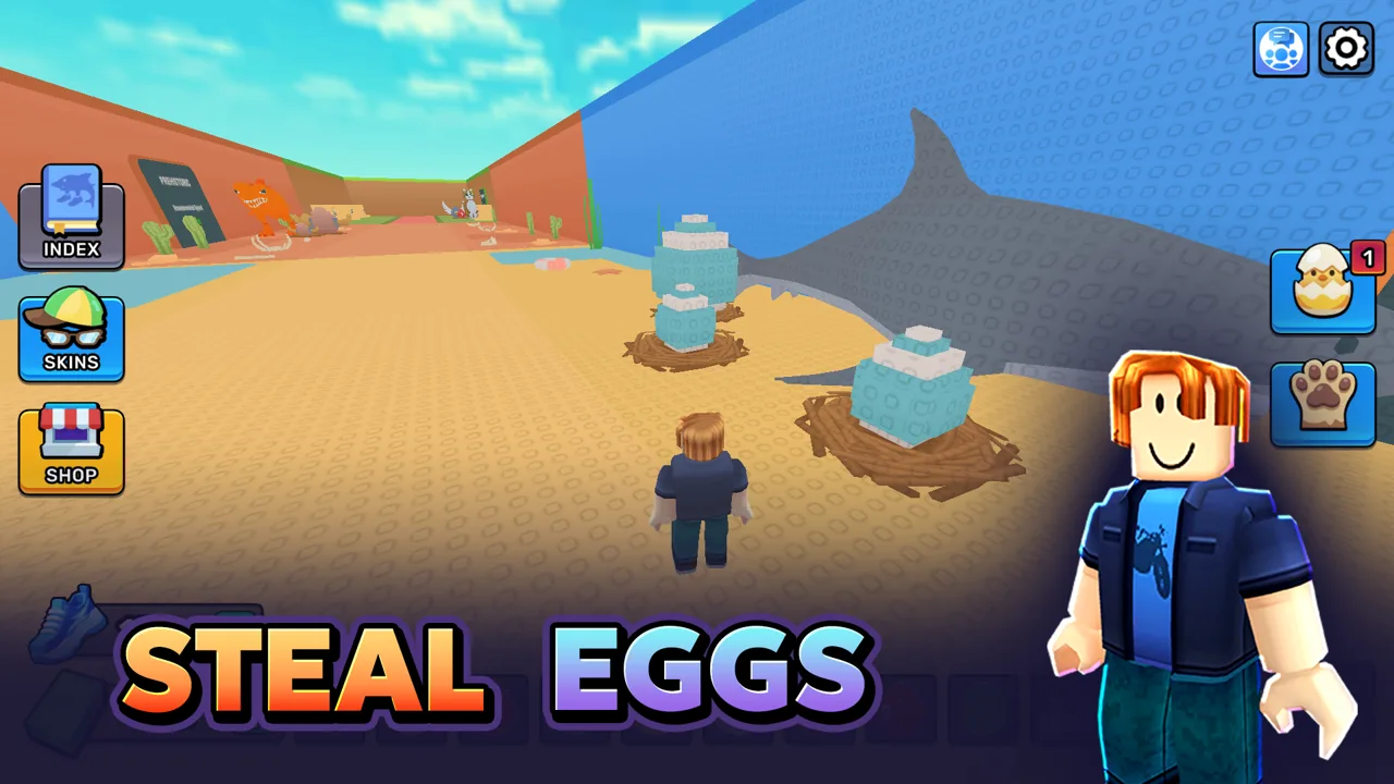Steal an Egg Original의 둥지와 커다란 상어 옆에 선 캐릭터